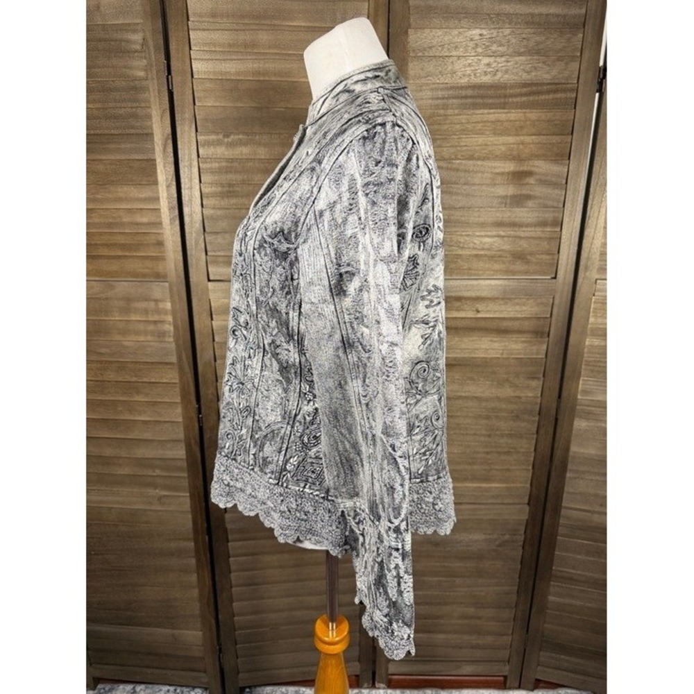 Flashback Gray Acid Wash Embroidered Floral Crochet Lace Trim Jacket Women Small - Picture 5 of 9